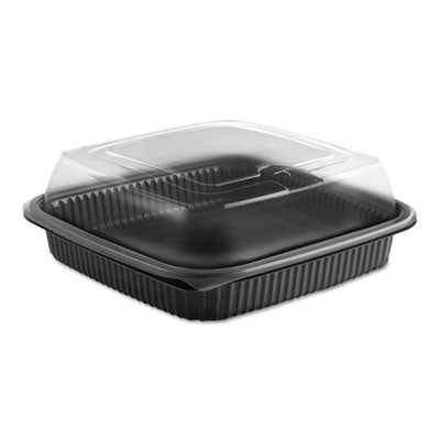 Anchor Packaging Culinary Squares® Two-Piece Microwavable Container, Deep Lid, 36 oz, 8.46 x 8.46 x 2.91, Clear/Black, Plastic, 150/Carton Takeout Food Containers - Office Ready
