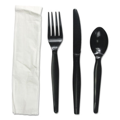 Boardwalk® Four-Piece Cutlery Kit, Fork/Knife/Napkin/Teaspoon, Heavyweight, Black, 250/Carton Utensils-Disposable Dining Utensil Combo - Office Ready