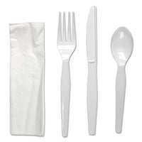 Boardwalk® Four-Piece Cutlery Kit, Fork/Knife/Napkin/Teaspoon, Heavyweight, White, 250/Carton Utensils-Disposable Dining Utensil Combo - Office Ready