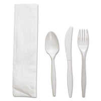 Boardwalk® Four-Piece Cutlery Kit, Fork/Knife/Napkin/Teaspoon, White, Polypropylene, 250/Carton Utensils-Disposable Dining Utensil Combo - Office Ready