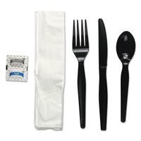 Boardwalk® Six-Piece Cutlery Kit, Condiment/Fork/Knife/Napkin/Spoon, Heavyweight, Black, 250/Carton Utensils-Disposable Dining Utensil Combo - Office Ready