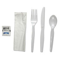 Boardwalk® Six-Piece Cutlery Kit, Condiment/Fork/Knife/Napkin/Spoon, Heavyweight, White, 250/Carton Utensils-Disposable Dining Utensil Combo - Office Ready