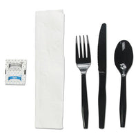 Boardwalk® Six-Piece Cutlery Kit, Condiment/Fork/Knife/Napkin/Teaspoon, Black, 250/Carton Utensils-Disposable Dining Utensil Combo - Office Ready