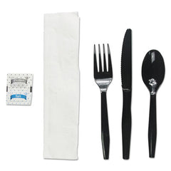 Boardwalk® Six-Piece Cutlery Kit, Condiment/Fork/Knife/Napkin/Teaspoon, Black, 250/Carton