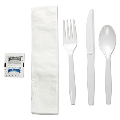 Boardwalk® Six-Piece Cutlery Kit, Condiment/Fork/Knife/Napkin/Teaspoon, White, 250/Carton Utensils-Disposable Dining Utensil Combo - Office Ready