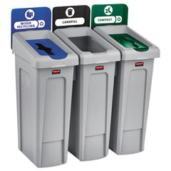 Rubbermaid?« Commercial Slim Jim Recycling Station Kit, 3-Stream Landfill/Mixed Recycling, 69 gal, Plastic, Blue/Gray/Green