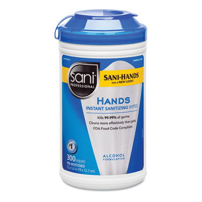 Sani Professional® Hands Instant Sanitizing Wipes, 7.5 x 5, 300/Canister, 6/Carton Hand/Body Wet Wipes - Office Ready