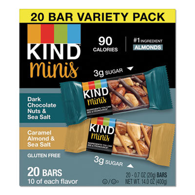 KIND Minis, Dark Chocolate Nuts and Sea Salt/Caramel Almond and Sea Salt, 0.7 oz, 20/Pack Food-Nutrition Bar - Office Ready