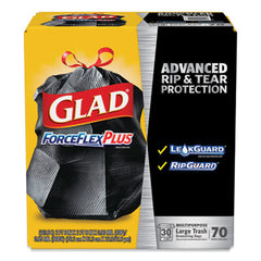 Glad® ForceFlexPlus™ Drawstring Large Trash Bags, 30 gal, 1.05 mil, 30" x 32", Black, 70/Box