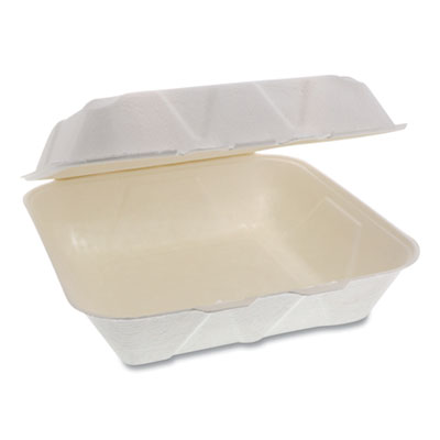 Pactiv Evergreen EarthChoice® Bagasse Hinged Lid Container, Dual Tab Lock Large Container, 9 x 9 x 3.5, Natural, 150/Carton Food Containers-Takeout Clamshell, Bagasse - Office Ready