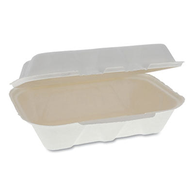 Pactiv Evergreen EarthChoice® Bagasse Hinged Lid Container, Dual Tab Lock, 9.1 x 6.1 x 3.3, Natural, 150/Carton Food Containers-Takeout Clamshell, Bagasse - Office Ready