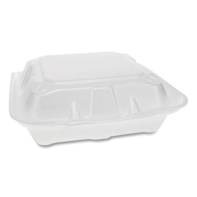Pactiv Evergreen Foam Hinged Lid Containers, Dual Tab Lock Economy, 3-Compartment, 8.42 x 8.15 x 3, White, 150/Carton Food Containers-Takeout Clamshell, Foam - Office Ready