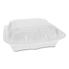 Pactiv Evergreen Foam Hinged Lid Containers, Dual Tab Lock, 3-Compartment, 8.42 x 8.15 x 3, White, 150/Carton