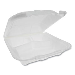 Pactiv Evergreen Foam Hinged Lid Containers, Dual Tab Lock Economy, 3-Compartment, 9.13 x 9 x 3.25, White, 150/Carton