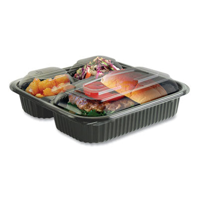 Anchor Packaging Culinary Squares® Two-Piece Microwavable Container, 21 oz/6 oz/6 oz, 8.46 x 8.46 x 2.5, Clear/Blk, Plastic, 150/CT Takeout Food Containers - Office Ready