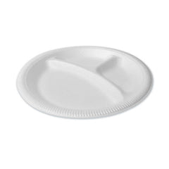 Plastifar Foam Dinnerware, Plate, 3-Compartment, 9" dia, Poly Bag, White, 125/Sleeve, 4 Sleeves/Bag, 1 Bag/Pack