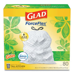 Glad® OdorShield® Tall Kitchen Drawstring Bags, 13 gal, 0.95 mil, 24" x 27.38", White, 80/Box