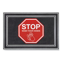 Apache Mills® Social Distancing Message Mats, 24 x 36, Charcoal/Red, "Stop Wash Your Hands"