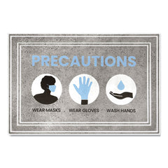 Apache Mills® Social Distancing Message Mats, 24 x 36, Gray/Blue, "Precautions Wear Masks Wear Gloves Wash Hands"