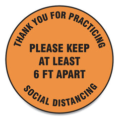 Accuform® Slip-Gard™ Social Distance Floor Signs, 12" Circle,"Thank You For Practicing Social Distancing Please Keep At Least 6 ft Apart", Orange, 25/PK