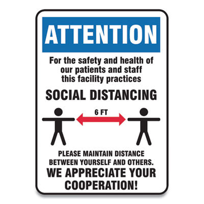Accuform® Social Distance Signs, Wall, 7 x 10, Patients and Staff Social Distancing, Humans/Arrows, Blue/White, 10/Pack Signs & Sign Holders-Social Distancing - Office Ready