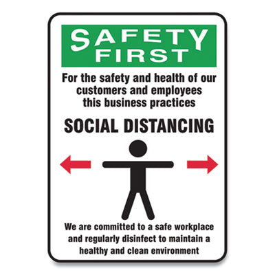 Accuform® Social Distance Signs, Wall, 7 x 10, Customers and Employees Distancing Clean Environment, Humans/Arrows, Green/White, 10/PK Signs & Sign Holders-Social Distancing - Office Ready