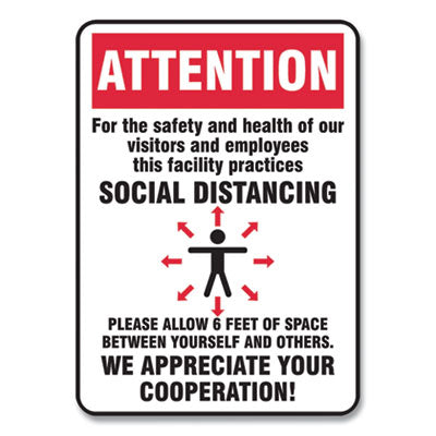 Accuform® Social Distance Signs, Wall, 7 x 10, Visitors and Employees Distancing, Humans/Arrows, Red/White, 10/Pack Signs & Sign Holders-Social Distancing - Office Ready