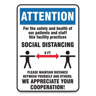 Accuform® Social Distance Signs, Wall, 10 x 14, Patients and Staff Social Distancing, Humans/Arrows, Blue/White, 10/Pack Signs & Sign Holders-Social Distancing - Office Ready