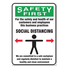 Accuform® Social Distance Signs, Wall, 10 x 14, Customers and Employees Distancing Clean Environment, Humans/Arrows, Green/White, 10/PK
