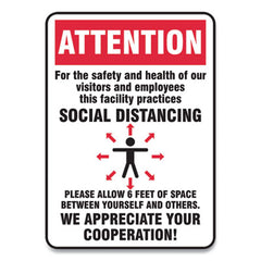 Accuform® Social Distance Signs, Wall, 10 x 14, Visitors and Employees Distancing, Humans/Arrows, Red/White, 10/Pack
