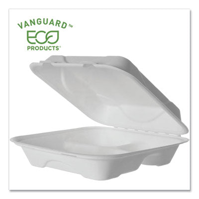 Eco-Products® Vanguard Renewable and Compostable Sugarcane Clamshells, 3-Compartment, 9 x 9 x 3, White, 200/Carton Takeout Food Containers - Office Ready