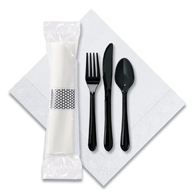 Hoffmaster® CaterWrap® Cater to Go Express Cutlery Kit, Fork/Knife/Spoon/Napkin, Black, 100/Carton Utensils-Disposable Dining Utensil Combo - Office Ready