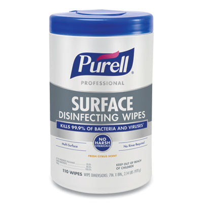 PURELL® Professional Surface Disinfecting Wipes, 7 x 8, Fresh Citrus, 110/Canister, 6 Canister/Carton Towels & Wipes-Cleaner/Detergent Wet Wipe - Office Ready