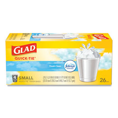 Glad® OdorShield® Quick-Tie® Small Trash Bags, 4 gal, 0.5 mil, 8" x 18", White, 26 Bags/Box, 6 Boxes/Carton