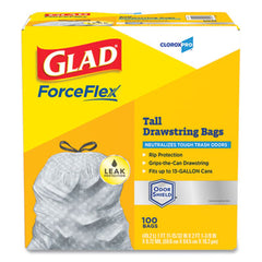 Glad® ForceFlexPlus™ Tall Kitchen Drawstring Trash Bags, 13 gal, 0.72 mil, 23.75" x 24.88", Gray, 100/Box