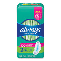 Always® Ultra Thin Pads with Wings, Size 2, Long, Super Absorbent, 32/Pack, 3 Packs/Carton Feminine Products Pads - Office Ready