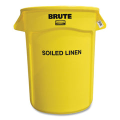 Rubbermaid® Commercial Vented Round Brute® Container, "Soiled Linen" Imprint, 32 gal, Plastic, Yellow