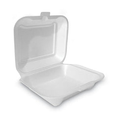 Plastifar Foam Hinged Lid Containers, Secure One Tab Latch, Poly Bag, 7.81 x 8.75 x 3.38, White, 100/Sleeve, 2 Sleeves/Bag, 1 Bag/Pack