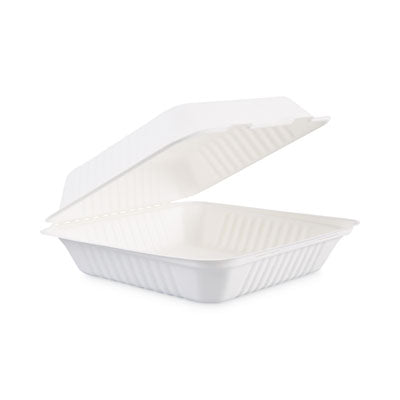 Boardwalk® Bagasse Food Containers, Hinged-Lid, 1-Compartment 9 x 9 x 3.19, White, 100/Sleeve, 2 Sleeves/Carton Food Containers-Takeout Clamshell, Bagasse - Office Ready