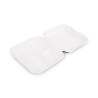 Eco-Products® Bagasse Hinged Clamshell Containers, 3-Compartment, 9 x 9 x 3, White, 50/Pack, 4 Packs/Carton Food Containers-Takeout Clamshell, Bagasse - Office Ready