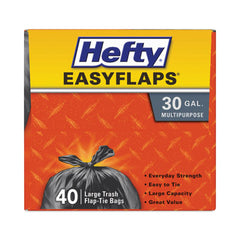 Hefty® Easy Flaps® Trash Bags, 30 gal, 0.85 mil, 30" x 33", Black, 40 Bags/Box, 6 Boxes/Carton