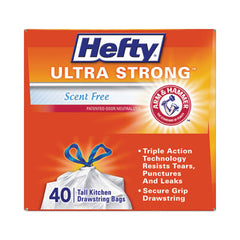 Hefty® Ultra Strong Tall Kitchen & Trash Bags, 13 gal, 0.9 mil, 23.75" x 24.88", White, 40/Box, 6 Boxes/Carton