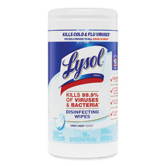 LYSOL® Brand Disinfecting Wipes, 1-Ply, 7 x 7.25, Crisp Linen, White, 80 Wipes/Canister