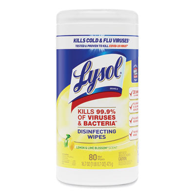 LYSOL® Brand Disinfecting Wipes, 1-Ply, 7 x 7.25, Lemon and Lime Blossom, White, 80 Wipes/Canister Cleaner/Detergent Wet Wipes - Office Ready