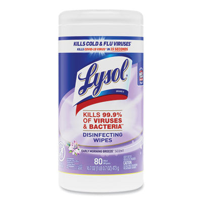 LYSOL® Brand Disinfecting Wipes, 1-Ply, 7 x 7.25, Early Morning Breeze, White, 80 Wipes/Canister, 6 Canisters/Carton Cleaner/Detergent Wet Wipes - Office Ready