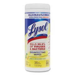 LYSOL® Brand Disinfecting Wipes, 1-Ply, 7 x 7.25, Lemon and Lime Blossom, White, 35 Wipes/Canister, 12 Canisters/Carton