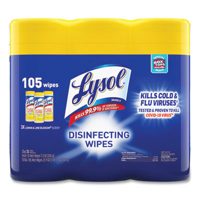 LYSOL® Brand Disinfecting Wipes, 1-Ply, 7 x 7.25, Lemon and Lime Blossom, White, 35 Wipes/Canister, 3 Canisters/Pack Cleaner/Detergent Wet Wipes - Office Ready