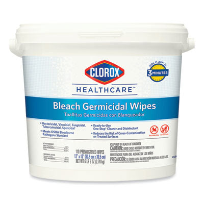 Clorox Healthcare® Bleach Germicidal Wipes, 1-Ply, 12 x 12, Unscented, White, 110/Canister, 2 Canisters/Carton Cleaner/Detergent Wet Wipes - Office Ready