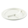 Boardwalk® Bagasse PFAS-Free Dinnerware, Plate, 10" dia, 3-Compartment, White, 500/Carton Plates, Bagasse - Office Ready