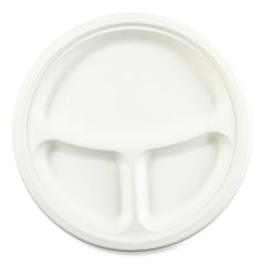 Boardwalk® Bagasse PFAS-Free Dinnerware, Plate, 10" dia, 3-Compartment, White, 500/Carton